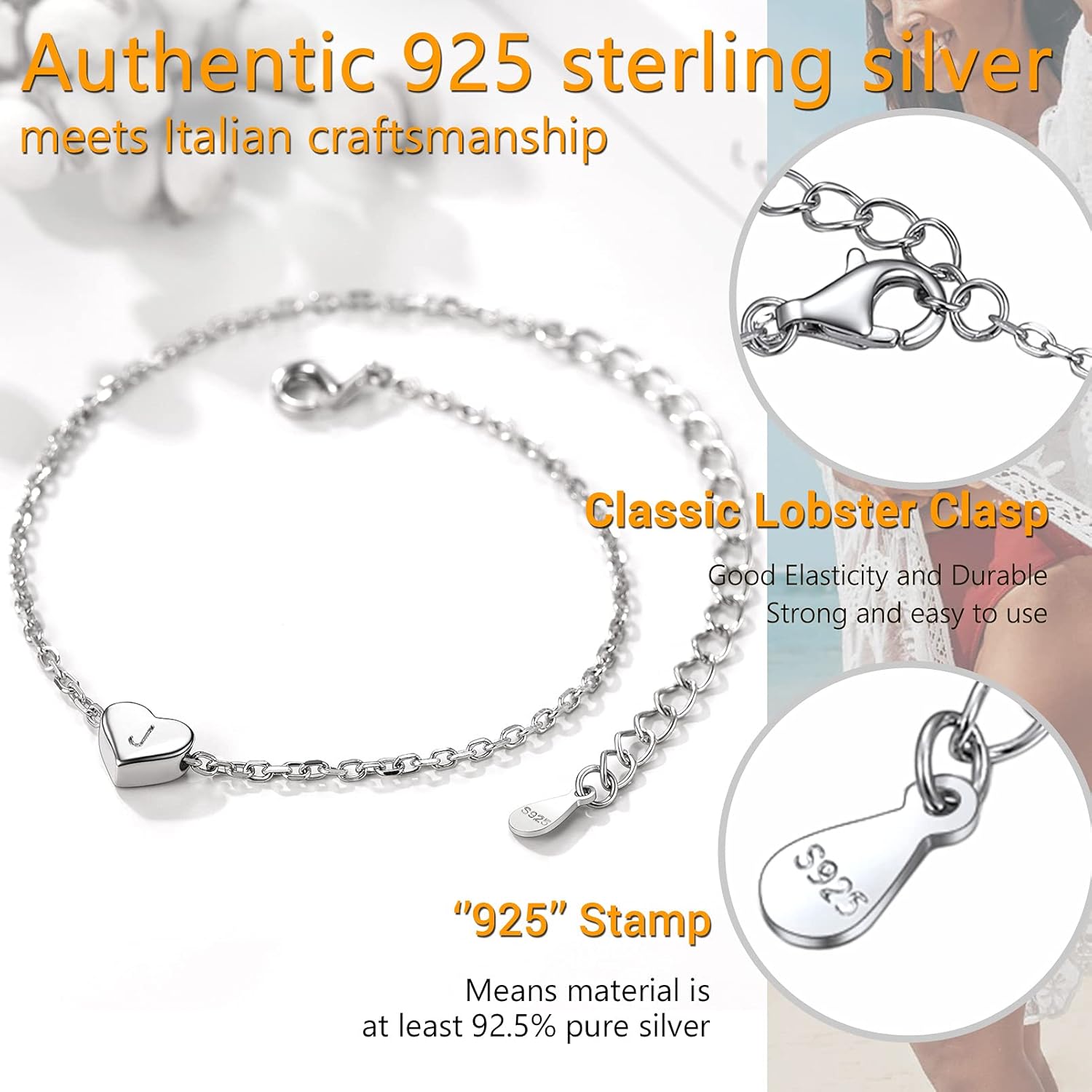 PROSILVER Women Initial Anklet Sterling Silver Heart Ankle Bracelet A-Z Letter, Adjustable Foot Chain for Beach Summer with Gift Box