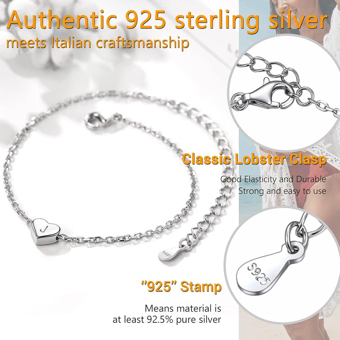 PROSILVER Women Initial Anklet Sterling Silver Heart Ankle Bracelet A-Z Letter, Adjustable Foot Chain for Beach Summer with Gift Box