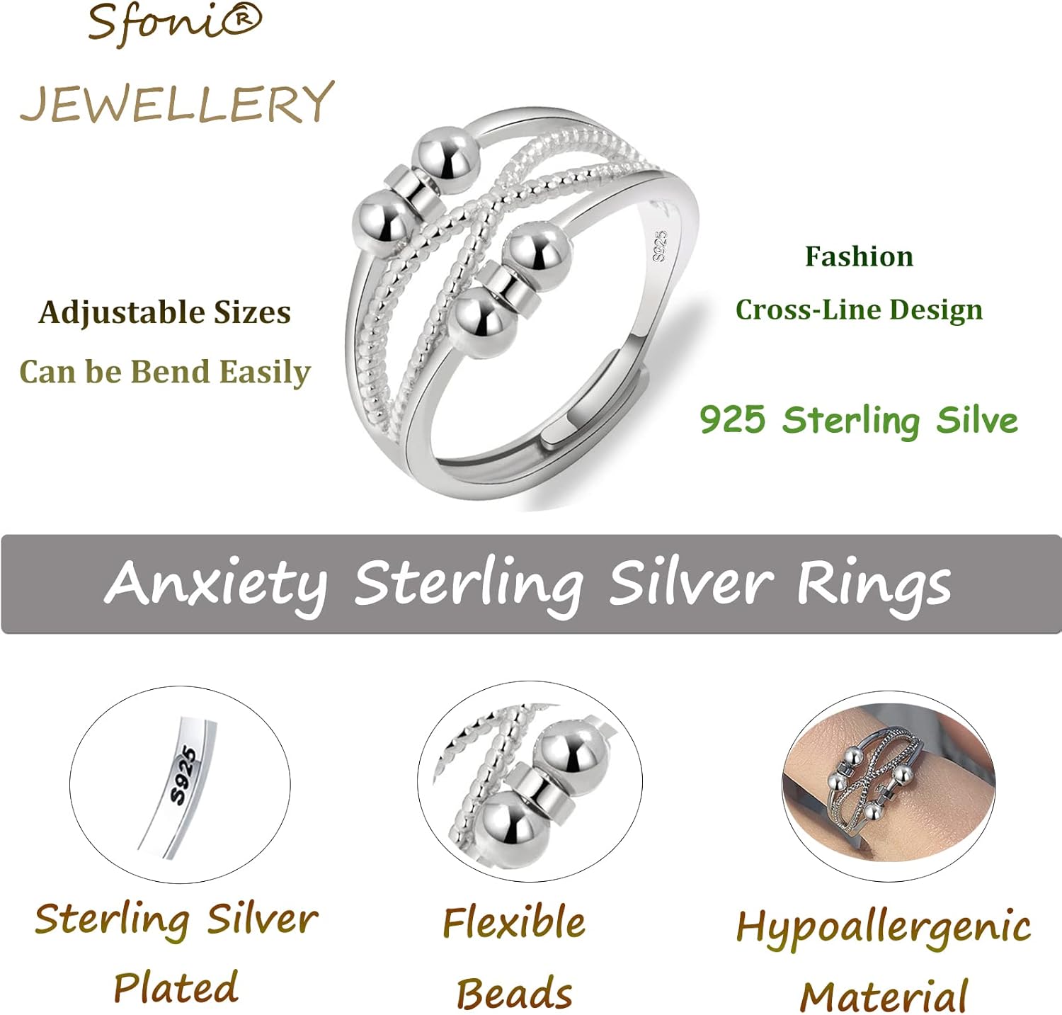 Sfoni Anxiety Rings for Women Men, Hypoallergenic Sterling Silver Ring Adjustable Fidget Rings for Anxiety Stress Relief Beads Spinner Rings Retro Band Rings with Cubic Zirconia, with Gift Card & Box