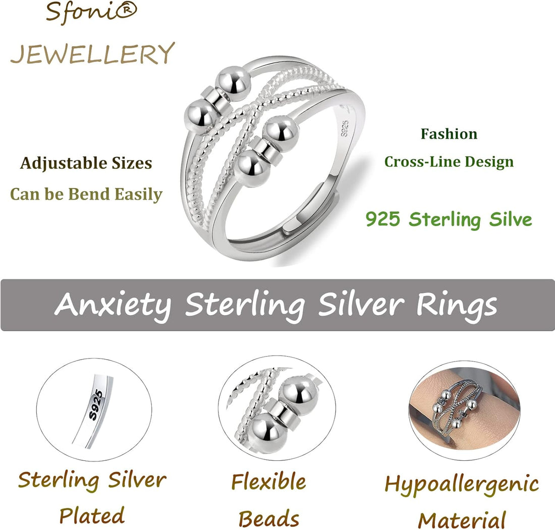 Sfoni Anxiety Rings for Women Men, Hypoallergenic Sterling Silver Ring Adjustable Fidget Rings for Anxiety Stress Relief Beads Spinner Rings Retro Band Rings with Cubic Zirconia, with Gift Card & Box