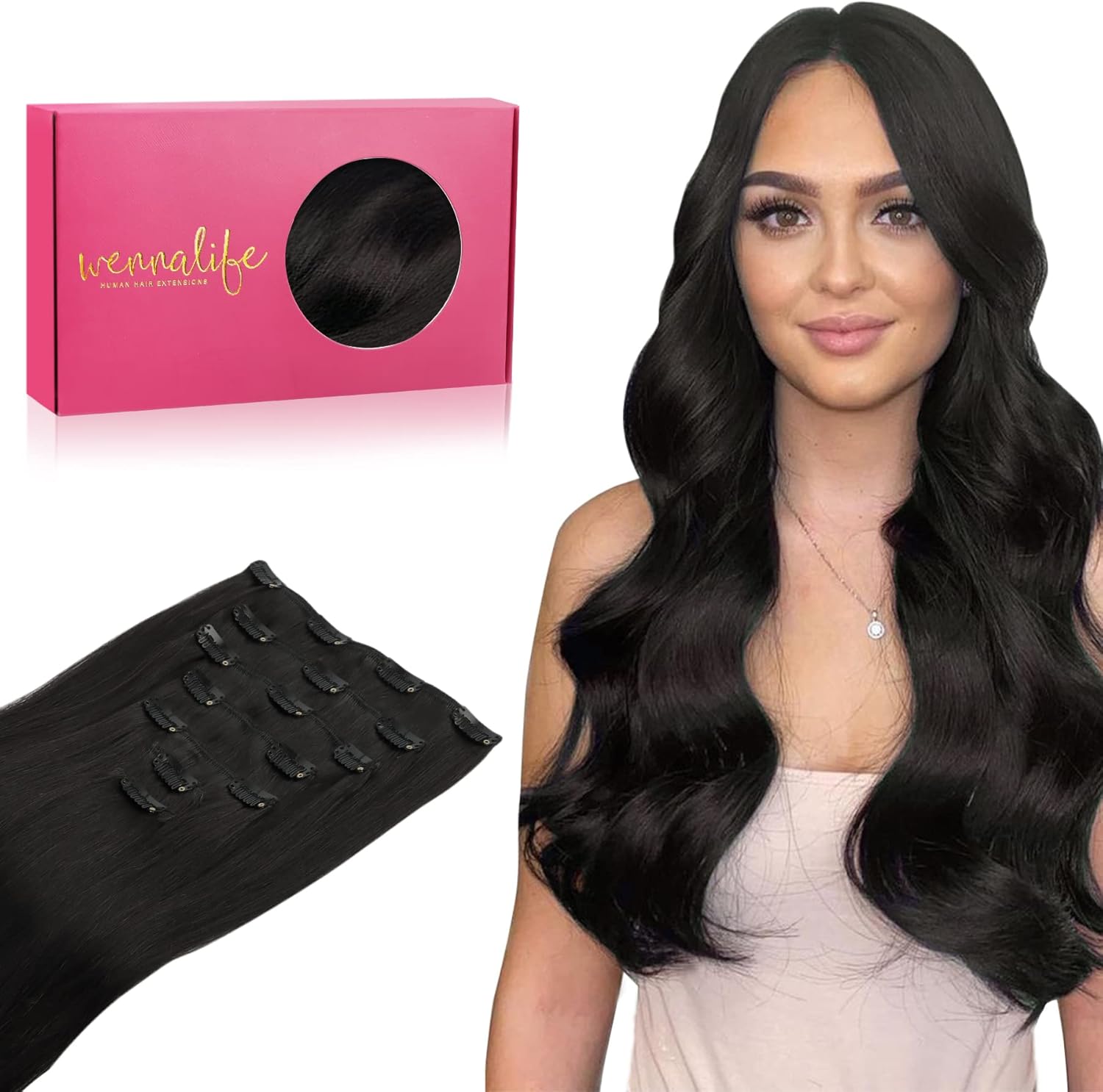 WENNALIFE Hair Extensions Clip In, 18 Inch 120g 7pcs Clip in Hair Extensions Real Human Hair Natural Black Hair Extensions Clip In Real Hair Coloured Remy Human Hair Extensions