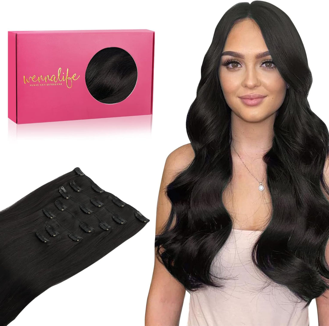 WENNALIFE Hair Extensions Clip In, 18 Inch 120g 7pcs Clip in Hair Extensions Real Human Hair Natural Black Hair Extensions Clip In Real Hair Coloured Remy Human Hair Extensions