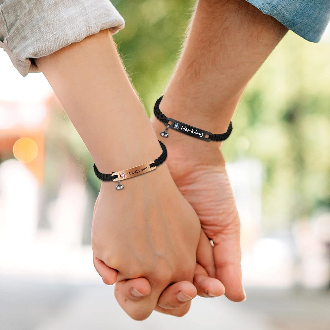 Cupimatch 4pcs His Queen Her King Couple Braided Rope Bracelet I Love You Rhinestone Heart Puzzle Matching Pendant Necklace His and Hers Jewelry Set