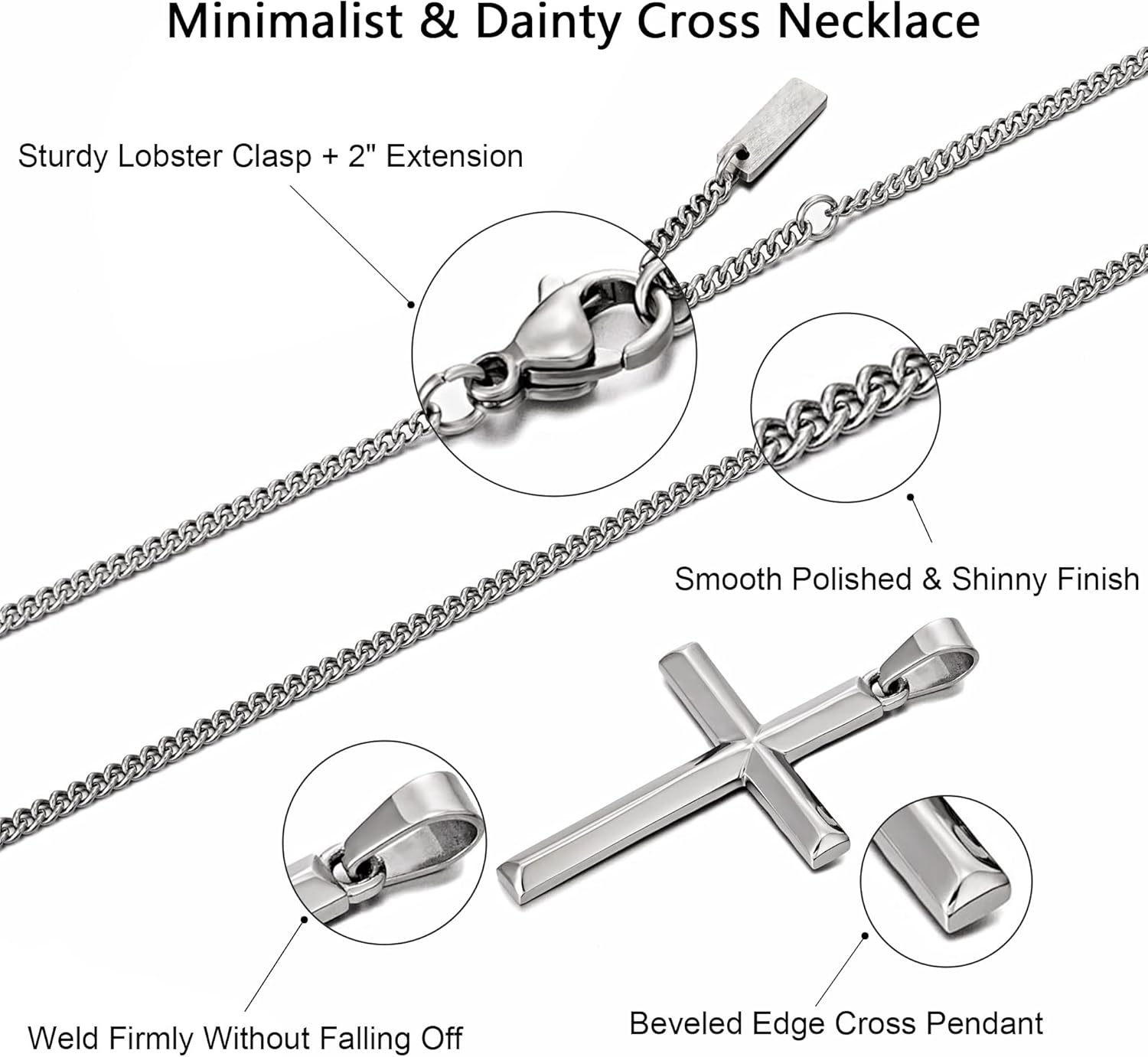 Cross Necklace for Men, Stainless Steel Men's Cross Necklace, Chain with Cross Pendant Silver Black Gold, Stylish Gift for Men Him