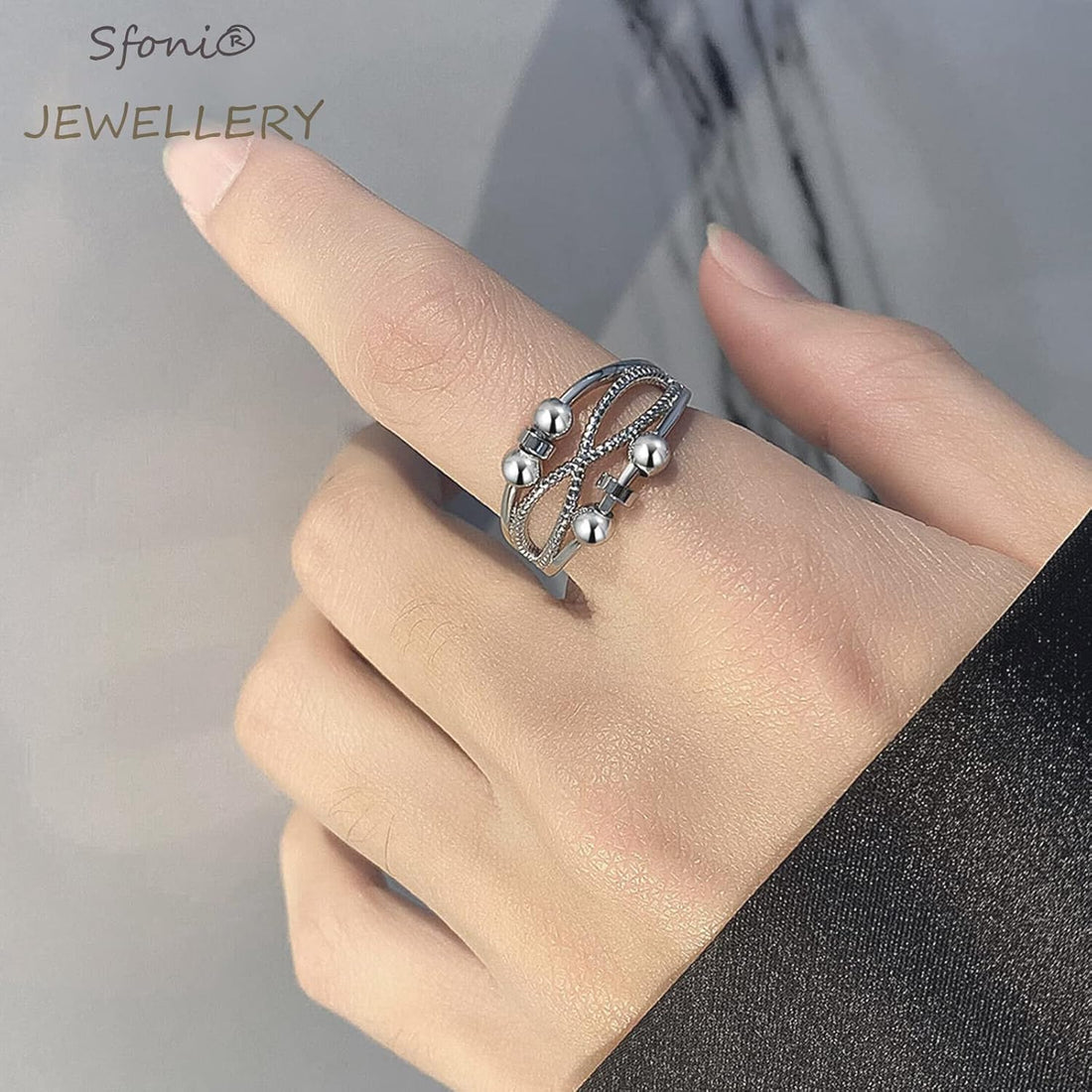 Sfoni Anxiety Rings for Women Men, Hypoallergenic Sterling Silver Ring Adjustable Fidget Rings for Anxiety Stress Relief Beads Spinner Rings Retro Band Rings with Cubic Zirconia, with Gift Card & Box