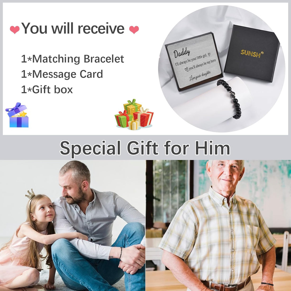 SUNSH Father's Day Gift, Dad Bracelet, Gift for Dad, Mens Bracelets,Father's Day/Thanksgiving/Birthday Gift, I Love You in 100 Languages Projected Stone Bracelet, Personalised Gifts