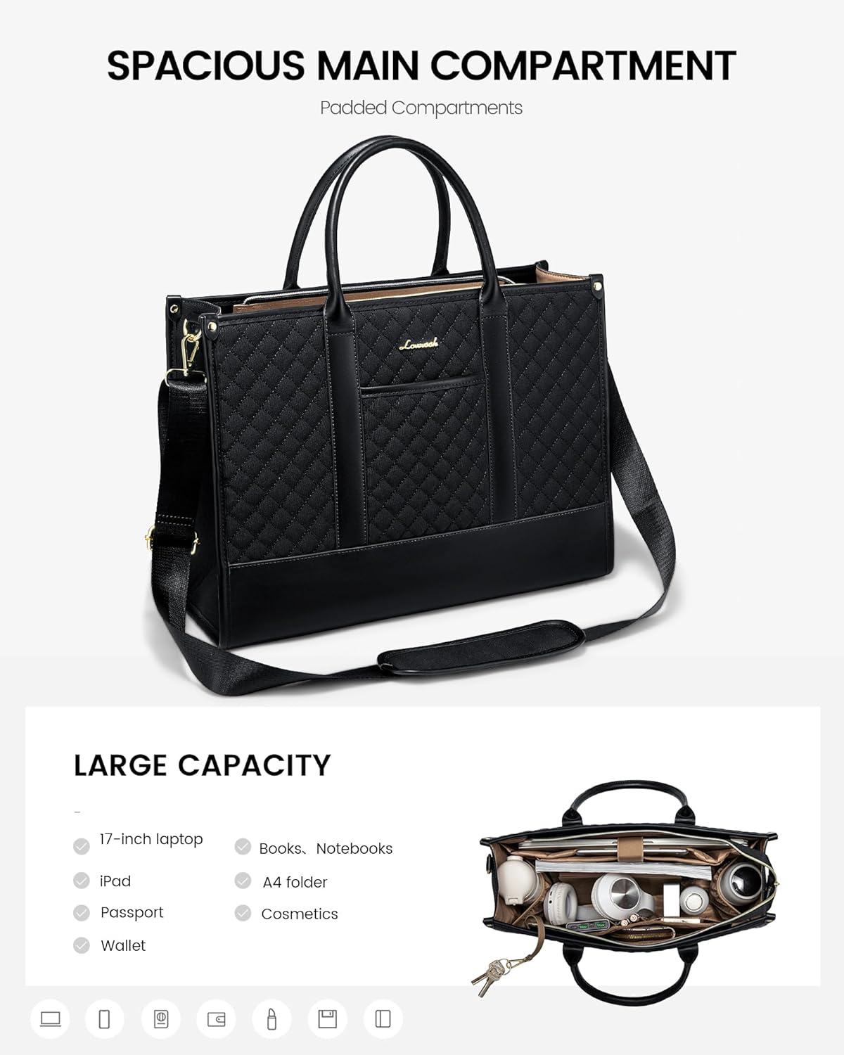 LOVEVOOK Handbags for Women Laptop Bags 17 Inch, Ladies Tote Bag for Work Office Business School, Large Womens Shoulder Bag with Adjustable Straps & Clutch Bag Lightweight, Black