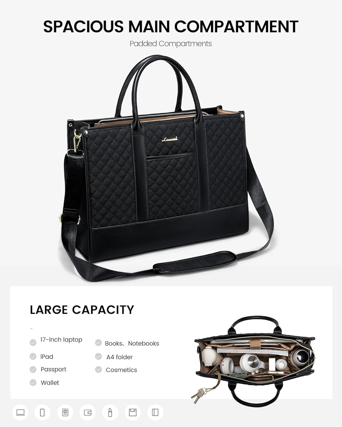 LOVEVOOK Handbags for Women Laptop Bags 17 Inch, Ladies Tote Bag for Work Office Business School, Large Womens Shoulder Bag with Adjustable Straps & Clutch Bag Lightweight, Black