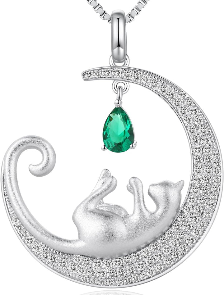 Jiamiaoi Cat Necklace for Women 925 Sterling Silver Cat Necklace Cute Cat Jewelry,Diamond Cat Necklace Cubic Zirconia Silver Necklaces for Women