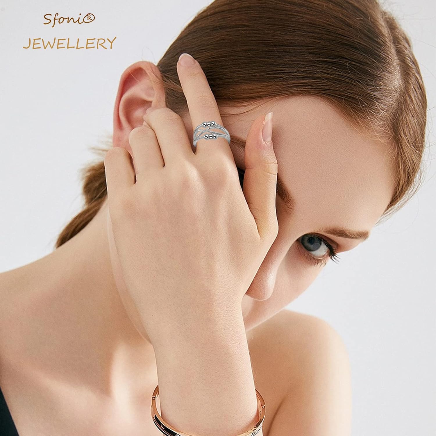 Sfoni Anxiety Rings for Women Men, Hypoallergenic Sterling Silver Ring Adjustable Fidget Rings for Anxiety Stress Relief Beads Spinner Rings Retro Band Rings with Cubic Zirconia, with Gift Card & Box