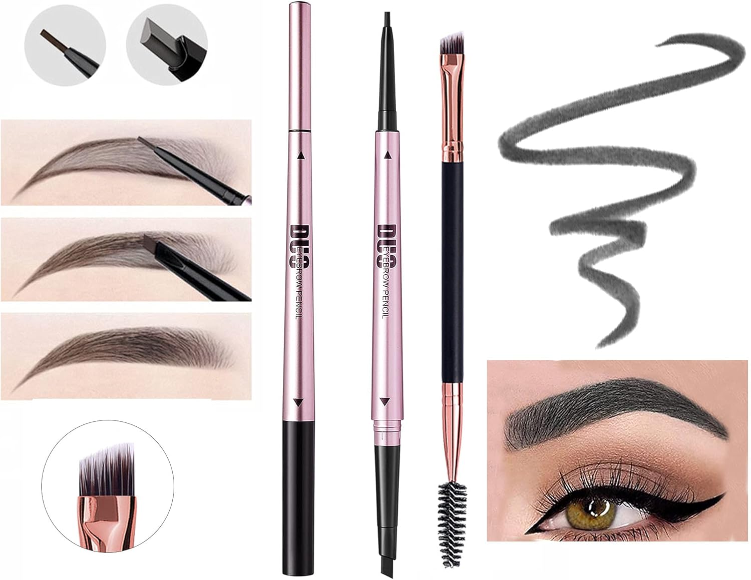Mihqy 2 PCS Eyebrow Pencil with Brow Brush, Dual Ended Eyebrow Pen, Automatic Makeup Cosmetic Tool(Grey)