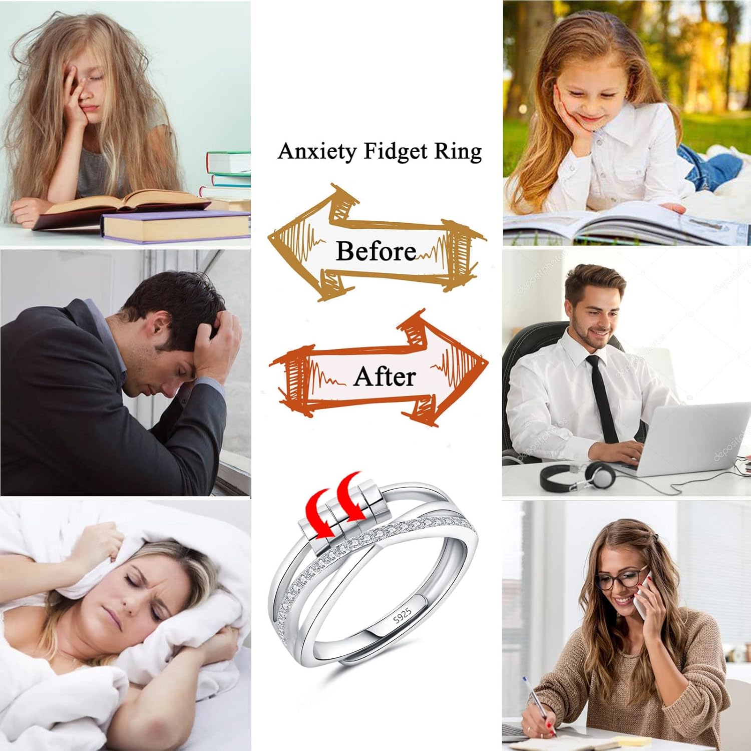 Kamise Silver Anxiety Ring, 925 Sterling Silver Fidget Ring for Anxiety Women, Adjustable Open Spinner Fidget Rings, Infinity Thumb Beads Rings Stress Rings for Worry Anxiety Relief