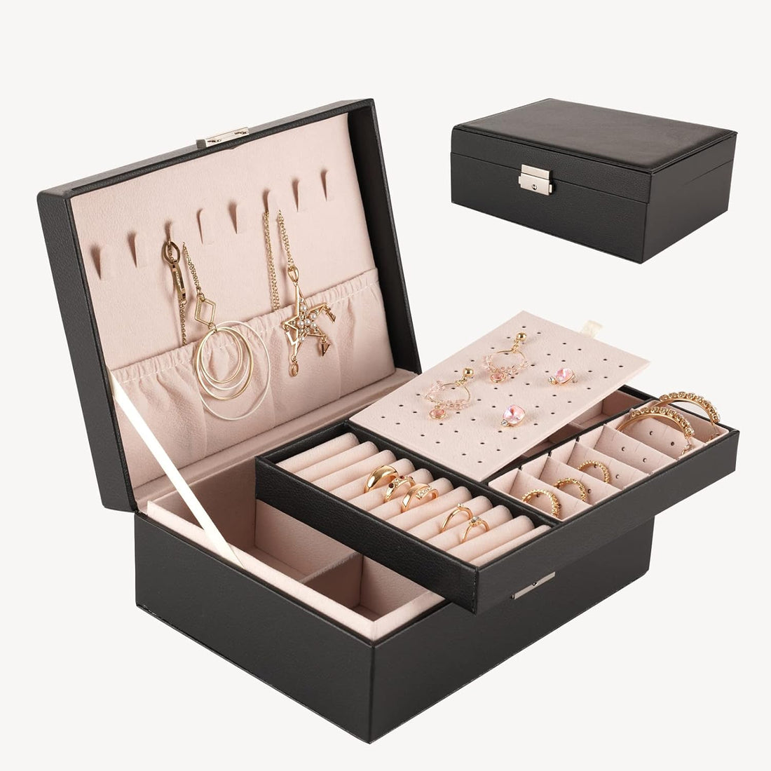 Jewellery Box Organiser Jewelry Storage Box for Women Girl, 2 Layers, Leather Jewellery Organiser Box with Removable Tray & Hangers for Necklace Earrings Rings Bracelets, Lockable Design Black