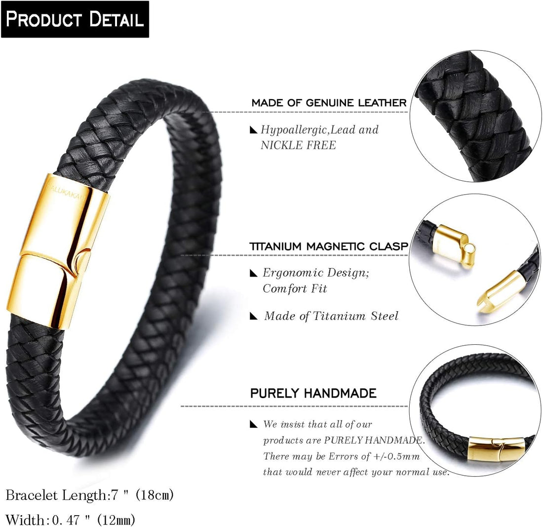 HALUKAKAH Kids Jewelry ? Solo Junior ? Leather Bracelet in Classic Black/Brown,for 6 to 15-Year-Olds,Featuring Exquisite Golden/Silver/Black Titanium Magnetic Clasp,Size 7+0.7"(18+1.5cm),with Giftbox