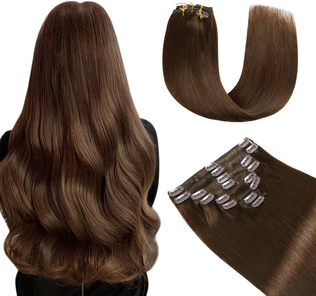 Yilite Clip in Real Human Hair Extensions - 20 Inch, 120g, 8pcs, Double Weft, Medium Brown