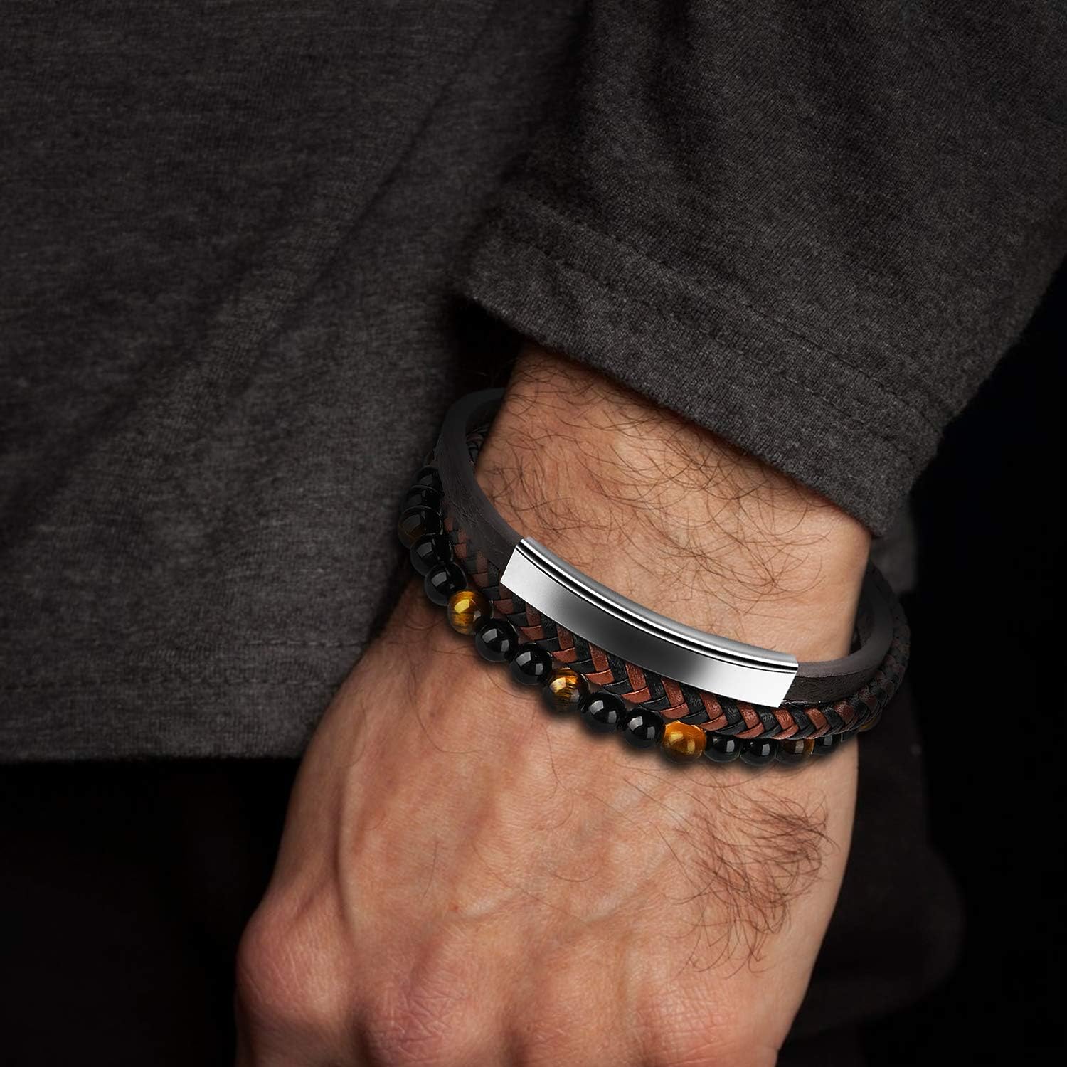 Mens Leather Bracelet – Classic Handmade Braided Black & Brown Cuff Bracelet with Engraved Magnetic Clasp Free Jewelry Gift Boxed