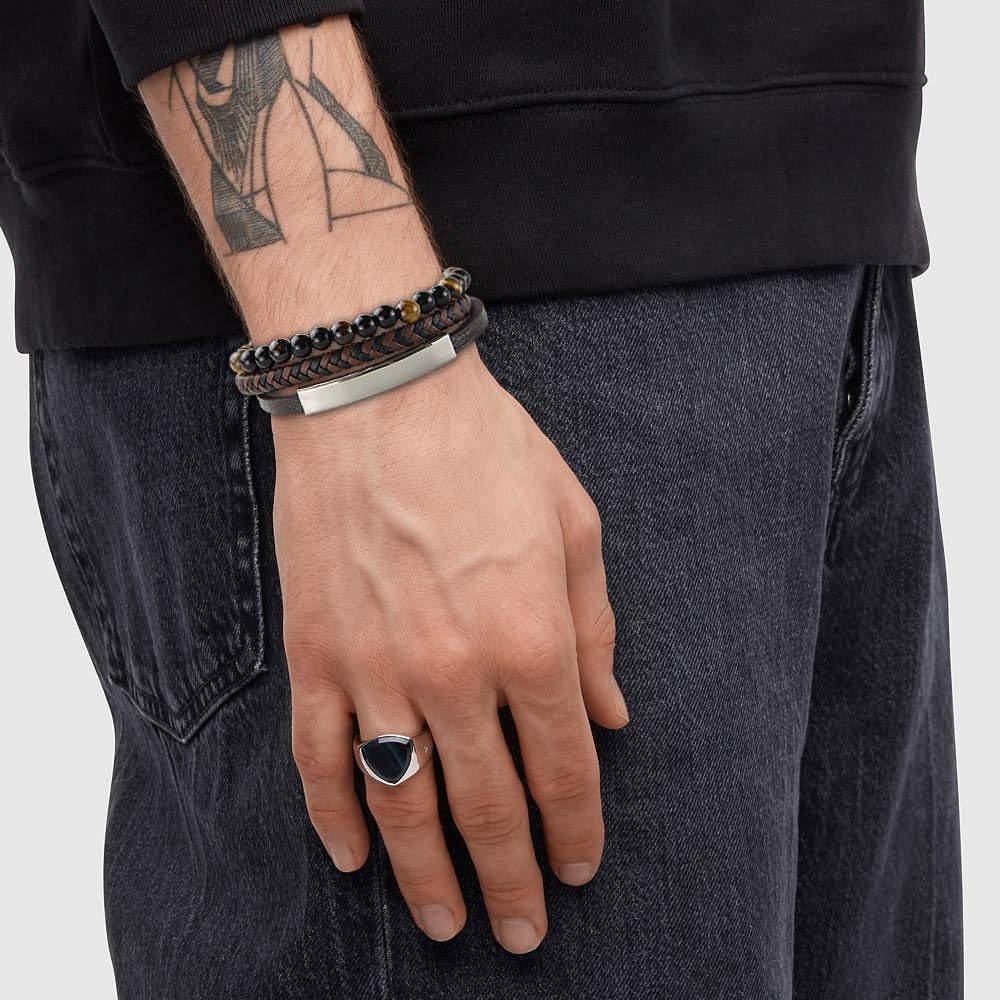 Mens Leather Bracelet – Classic Handmade Braided Black & Brown Cuff Bracelet with Engraved Magnetic Clasp Free Jewelry Gift Boxed