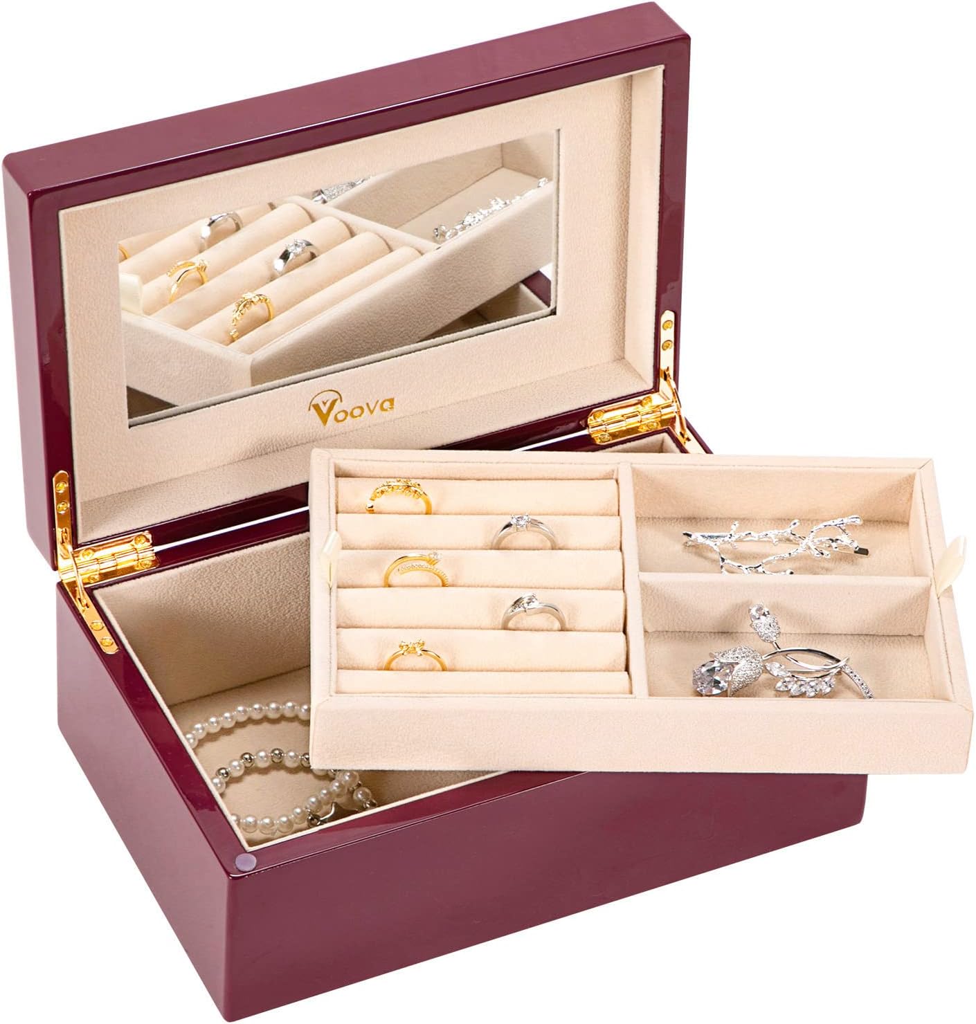 Voova Wooden Jewellery Box Organiser for Women Girls, Deluxe Piano Paint Jewelry Storage Case with Mirror, jewlerrying Display Holder with Removable Tray for Necklace Earring Rings, Gifts, Purple