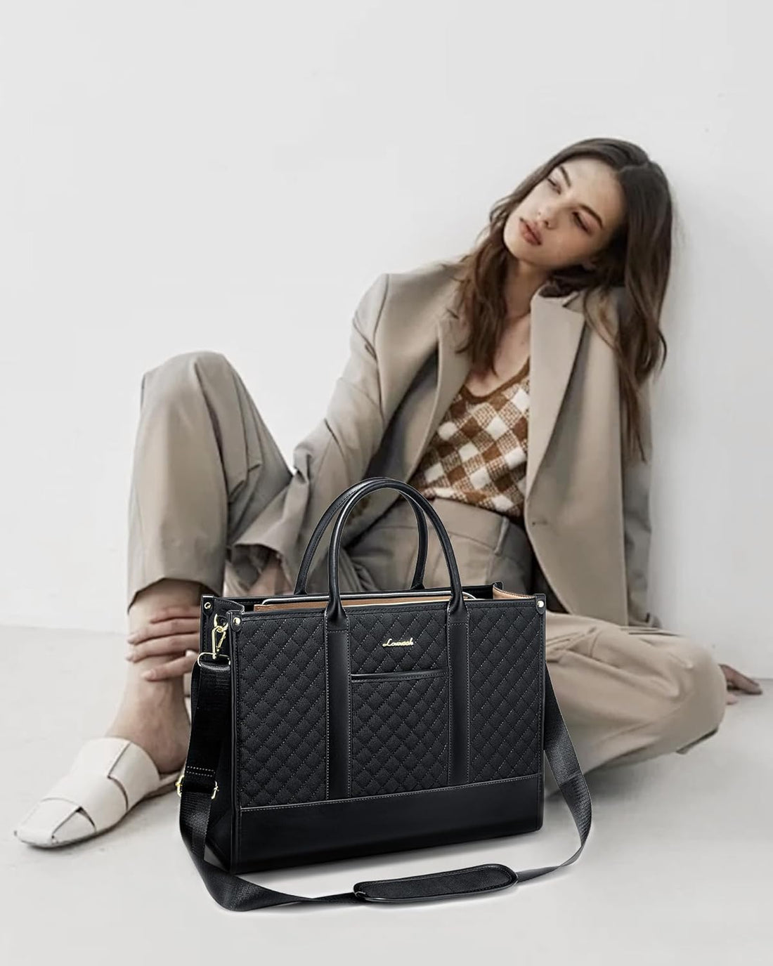 LOVEVOOK Handbags for Women Laptop Bags 17 Inch, Ladies Tote Bag for Work Office Business School, Large Womens Shoulder Bag with Adjustable Straps & Clutch Bag Lightweight, Black