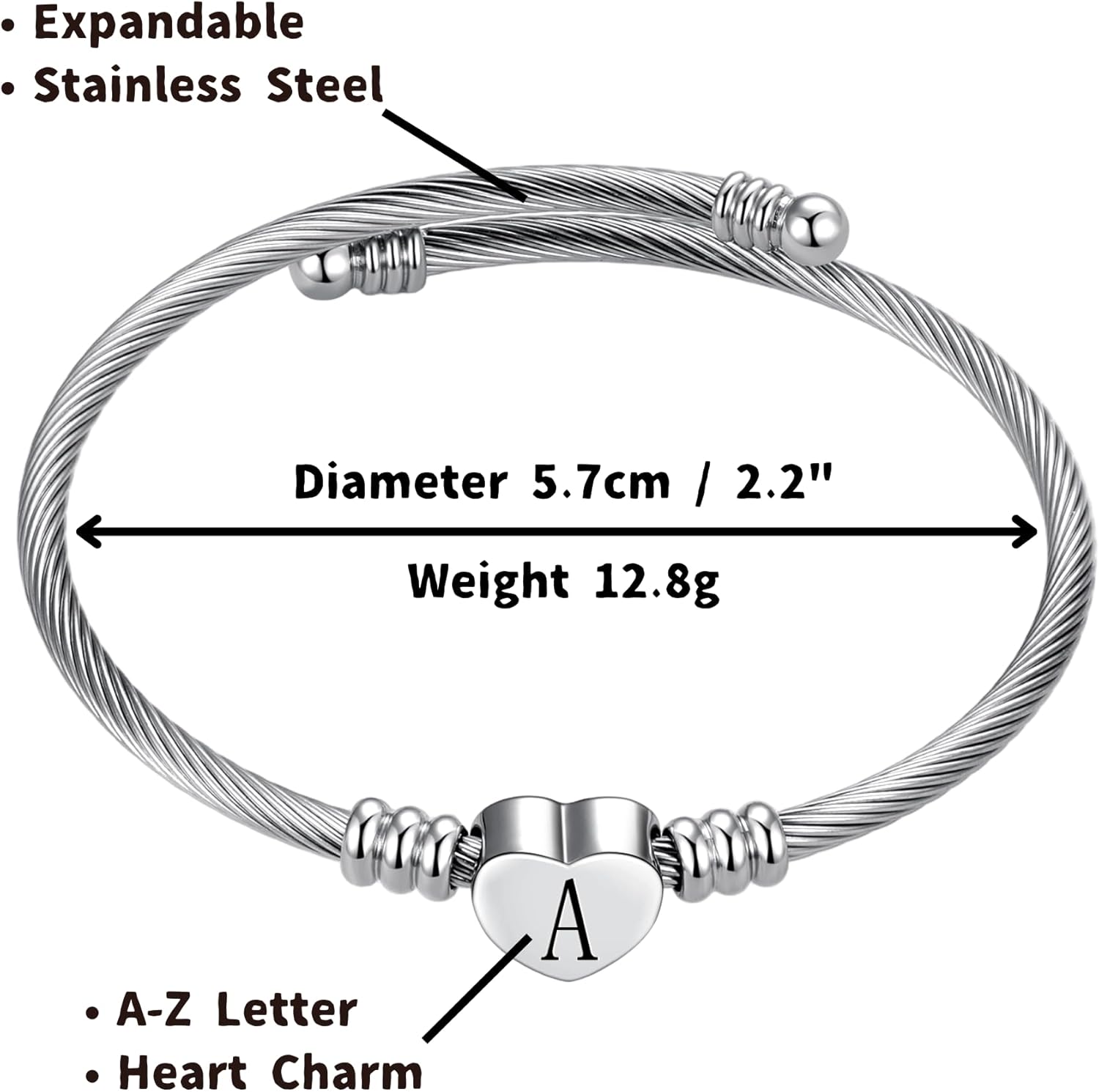 FGT Silver A-Z Initial Heart Letter Cuff Bangle Bracelets for Women Name Family Birthday Christmas Stainless Steel Alphabet