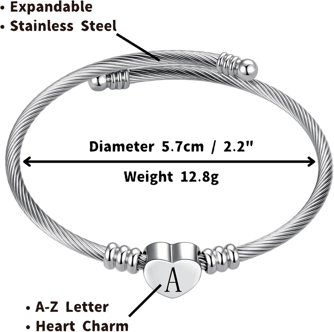 FGT Silver A-Z Initial Heart Letter Cuff Bangle Bracelets for Women Name Family Birthday Christmas Stainless Steel Alphabet