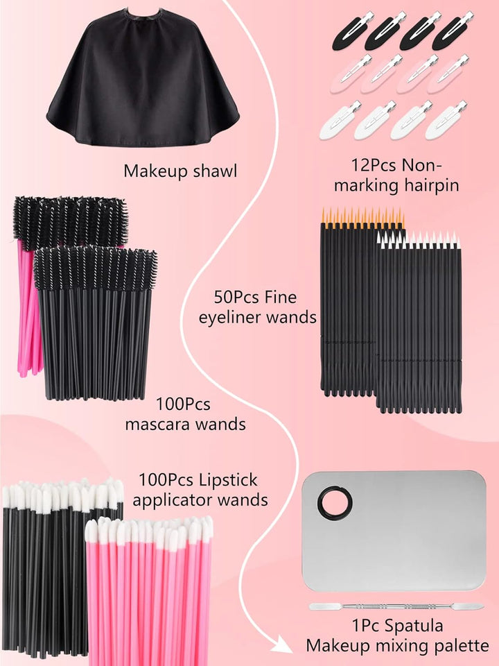 LIONVISON Disposable Makeup Applicators, Makeup Mixing Palette with Spatula and 262 PCS Disposable Makeup Brush Tools, Mascara Wands Lip Brushes Eyeliner Brushes Makeup Hair Clips with Organizer Box
