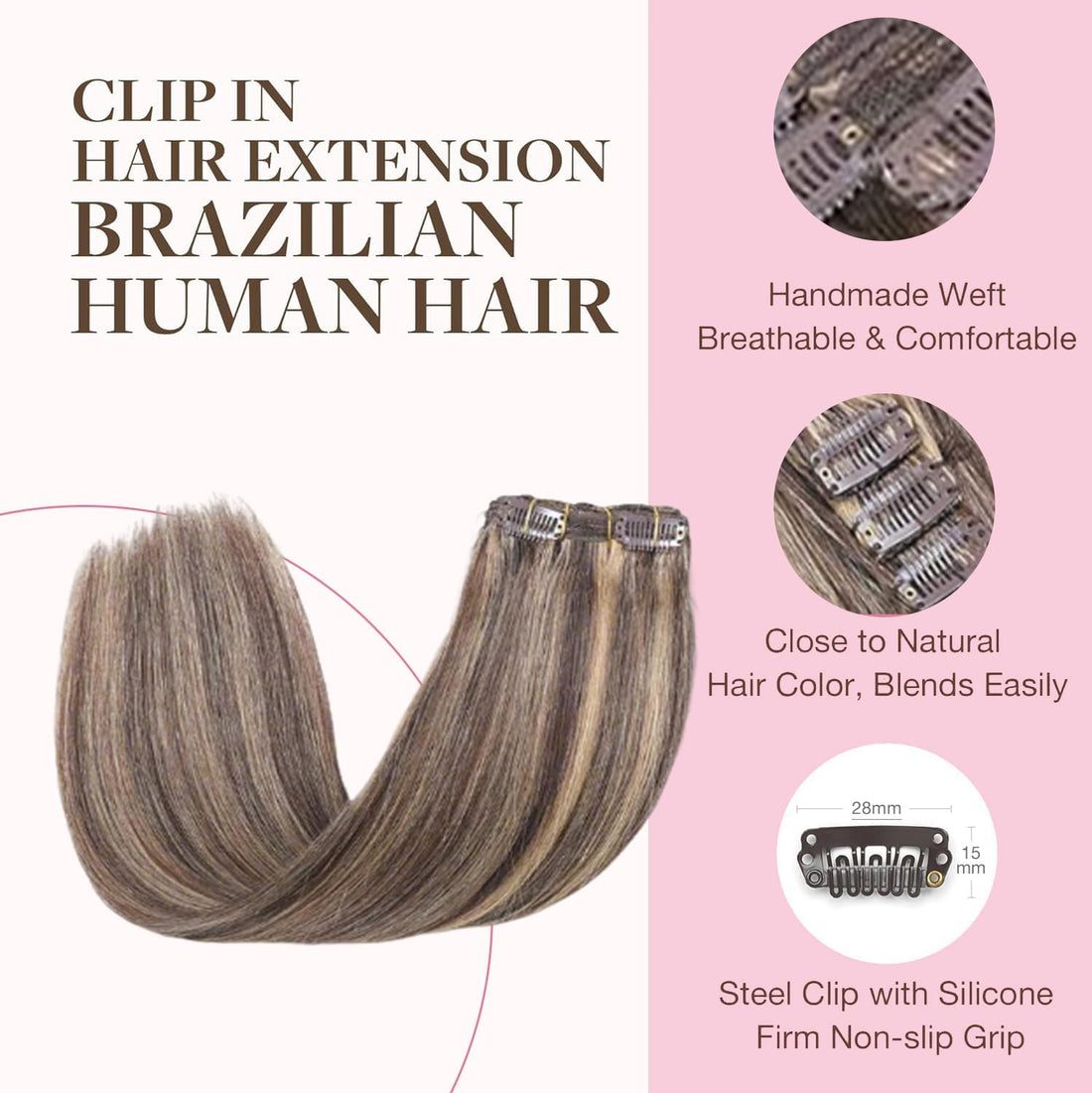 Clip in Hair Extensions Real Human Hair 8 Pieces Straight Real Remy Human Hair Full Head Human Hair Extensions Clip in Double Weft Real Remy Hair (#4/27 Medium Brown Mix Dark Blonde, 16 Inch)
