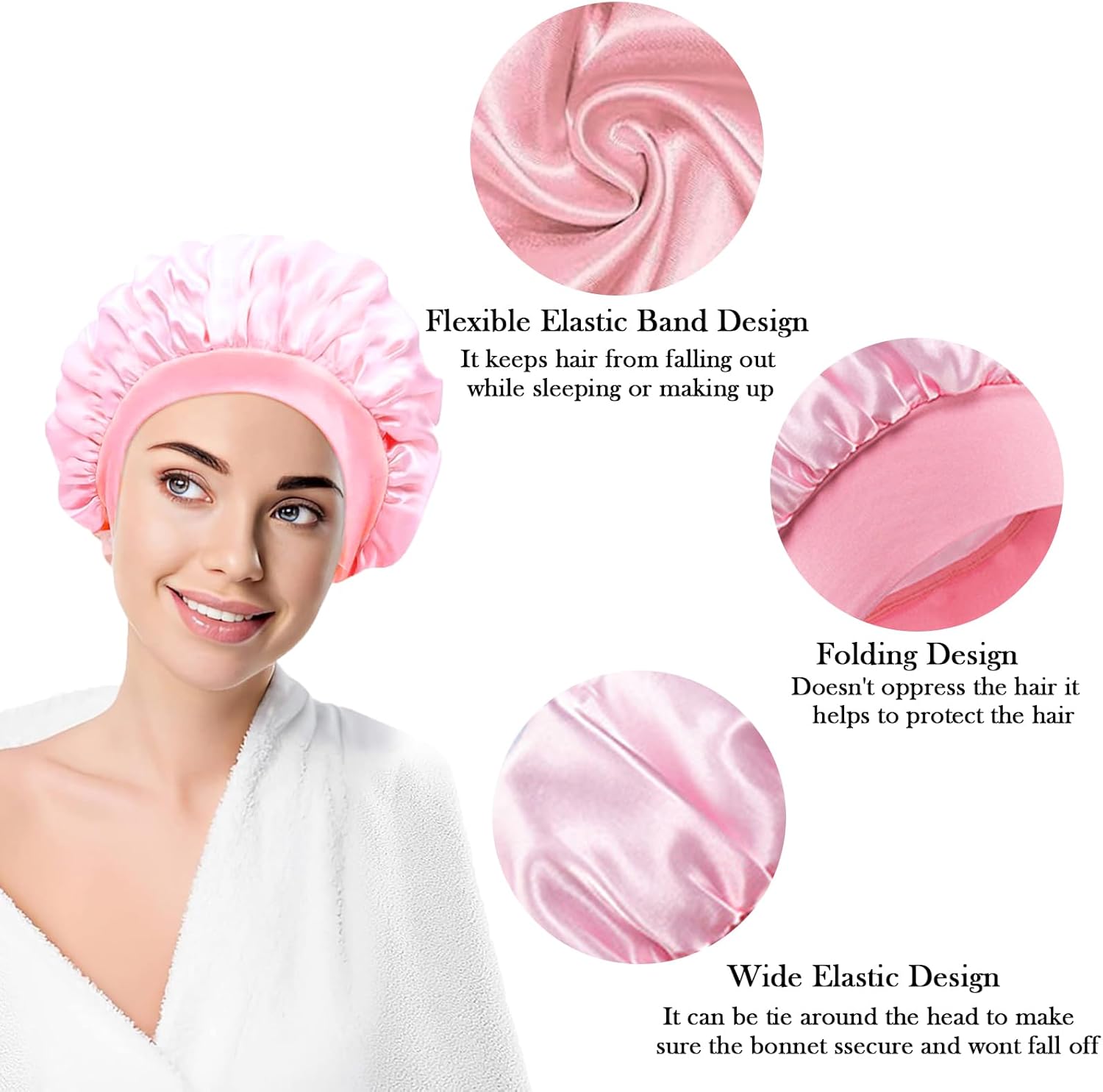 Hair Bonnet for Sleeping, Wide Elastic Band Satin Bonnet Shower Cap for Women Makeup Hair Care Elastic Hat Soft Sleep Cap Satin Head Cover for Night Sleep Curly Hair Protection(Black+Pink)