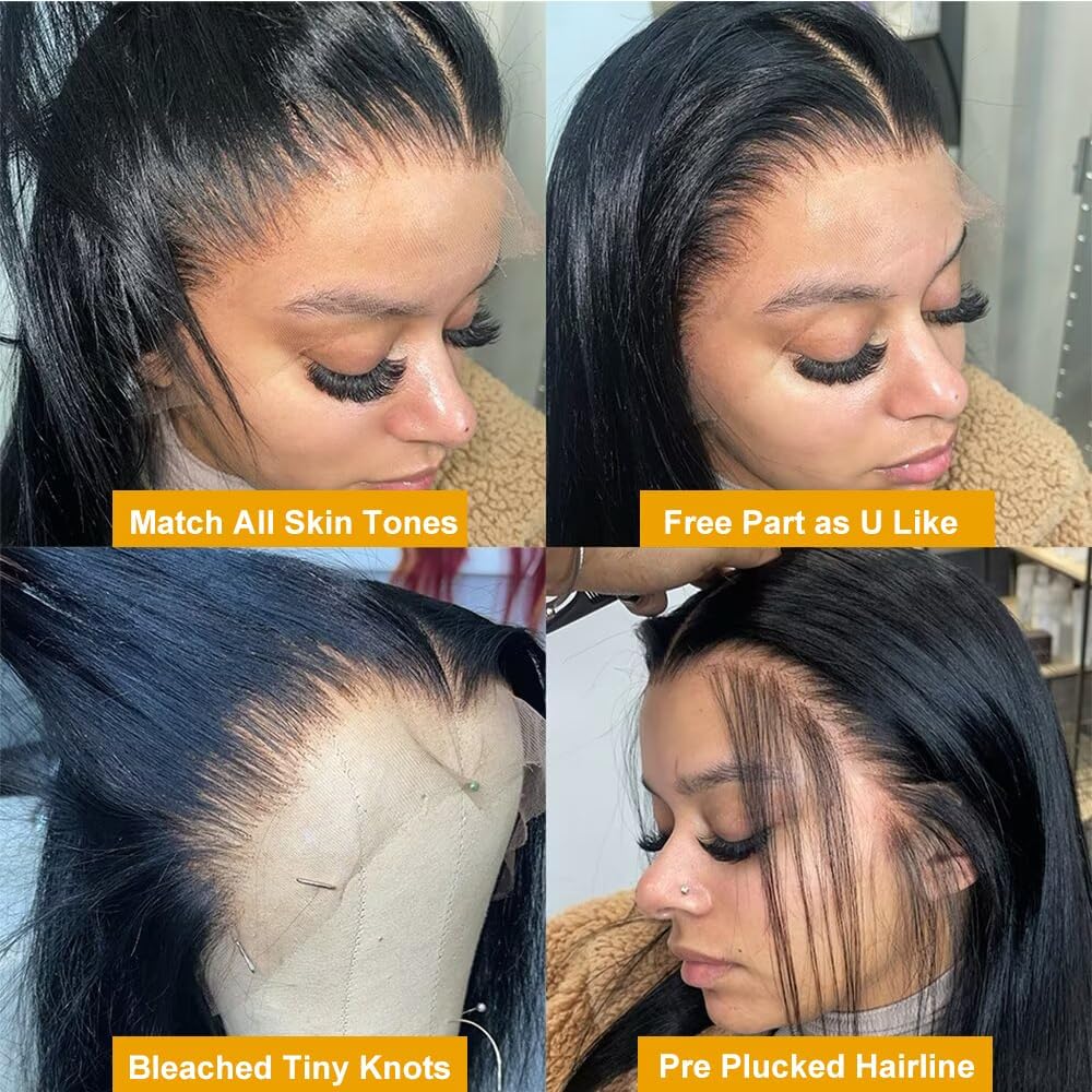 Straight HD Lace Front Wig Human Hair Pre Plucked 13x6 Pre Bleached Knots Lace Frontal Wig For Women 180 Density HD Transparent Lace Front Human Hair Wig 24 Inch