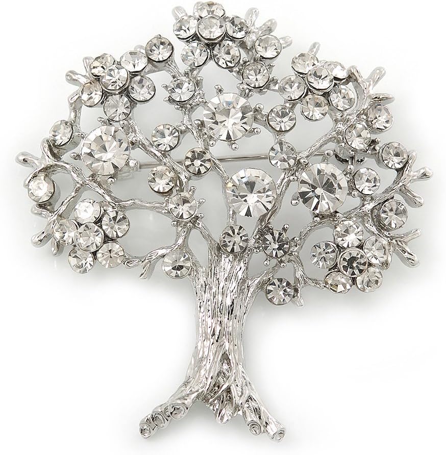 Avalaya Clear Crystal 'Tree of Life' Brooch in Rhodium Plating - 52mm Length