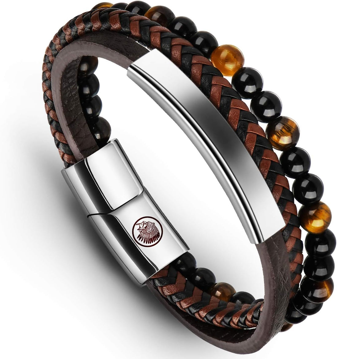 Mens Leather Bracelet – Classic Handmade Braided Black & Brown Cuff Bracelet with Engraved Magnetic Clasp Free Jewelry Gift Boxed