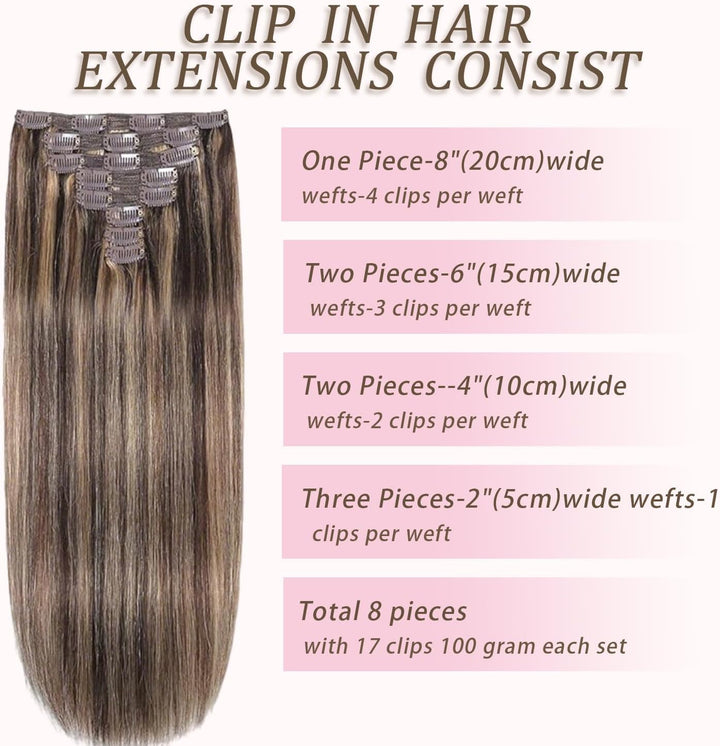 Clip in Hair Extensions Real Human Hair 8 Pieces Straight Real Remy Human Hair Full Head Human Hair Extensions Clip in Double Weft Real Remy Hair (#4/27 Medium Brown Mix Dark Blonde, 16 Inch)
