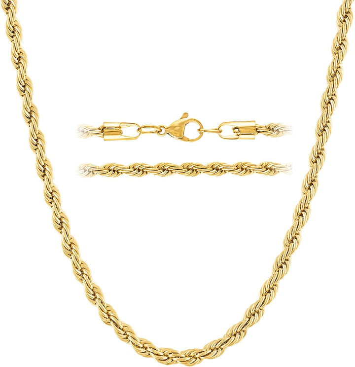 KISPER 18k Gold Hip Hop Braided Rope Chain Necklace – 2mm, 3mm, 5mm Gold Plated Solid Stainless Steel Durable Jewelry for Women & Men with Lobster Clasp