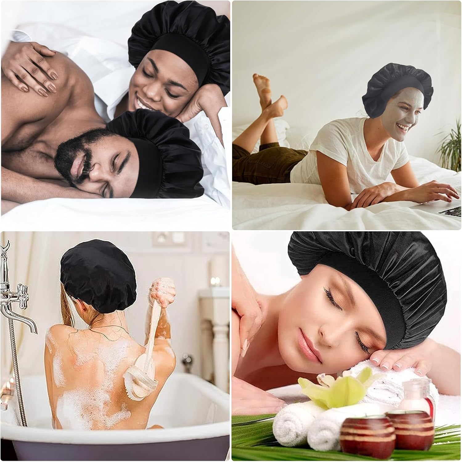 Hair Bonnet for Sleeping, Wide Elastic Band Satin Bonnet Shower Cap for Women Makeup Hair Care Elastic Hat Soft Sleep Cap Satin Head Cover for Night Sleep Curly Hair Protection(Black+Pink)