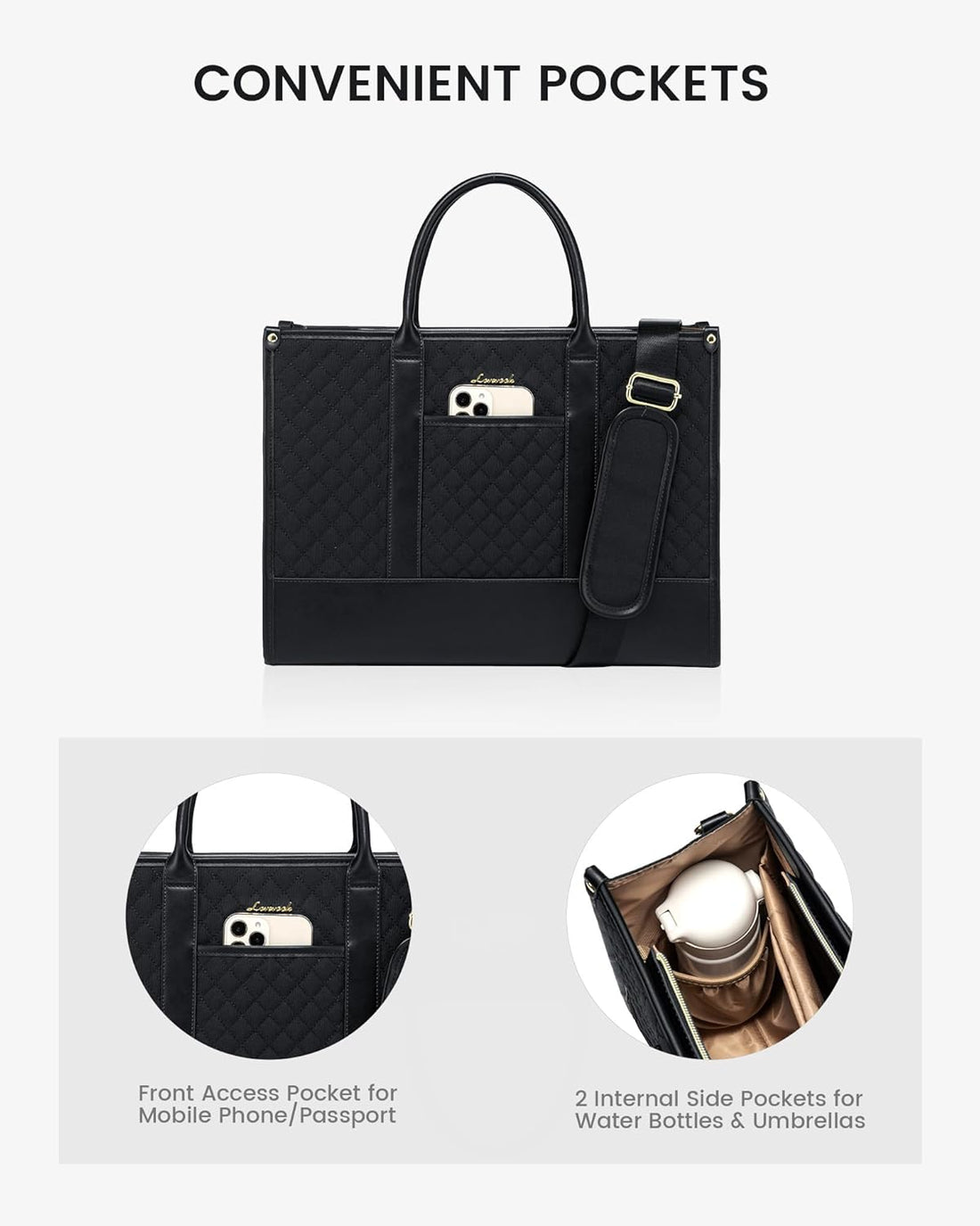 LOVEVOOK Handbags for Women Laptop Bags 17 Inch, Ladies Tote Bag for Work Office Business School, Large Womens Shoulder Bag with Adjustable Straps & Clutch Bag Lightweight, Black