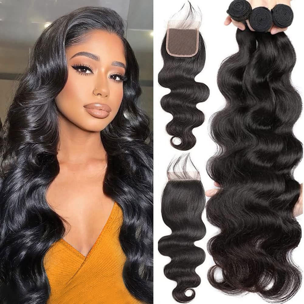 Vallbest Brazilian Body Wave Virgin Hair Bundles with Transparent Lace Closure (18 20 22+16) Remy Human Hair Body Wave 3 Bundles Hair Extension with 4x4 Lace Closure Hair Extensions