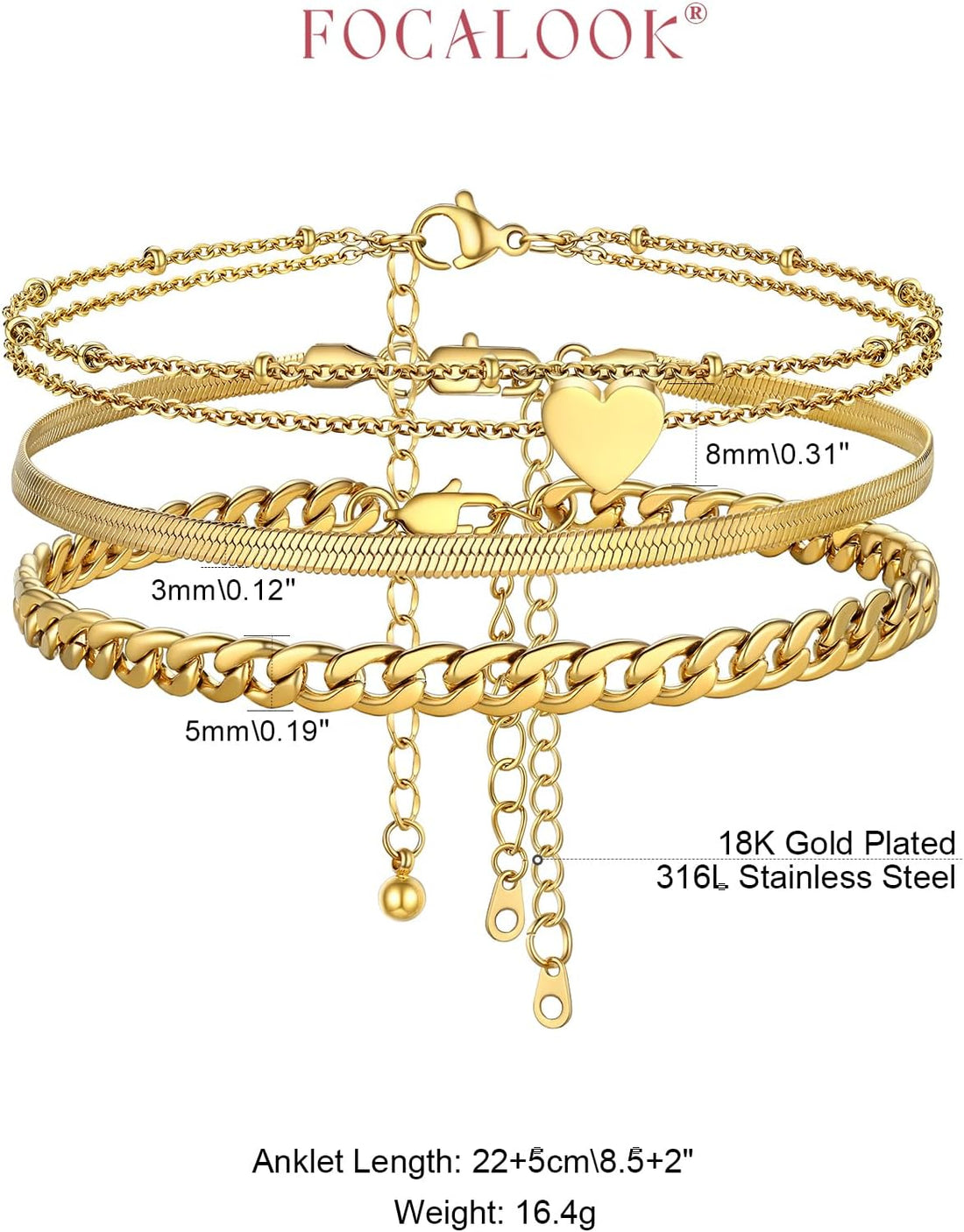 FOCALOOK Adjustable Layered Anklets for Women Summer Bracelets Waterproof Stainless Steel Ankle Bracelets Beach Foot Chains 8.5-10.5inch