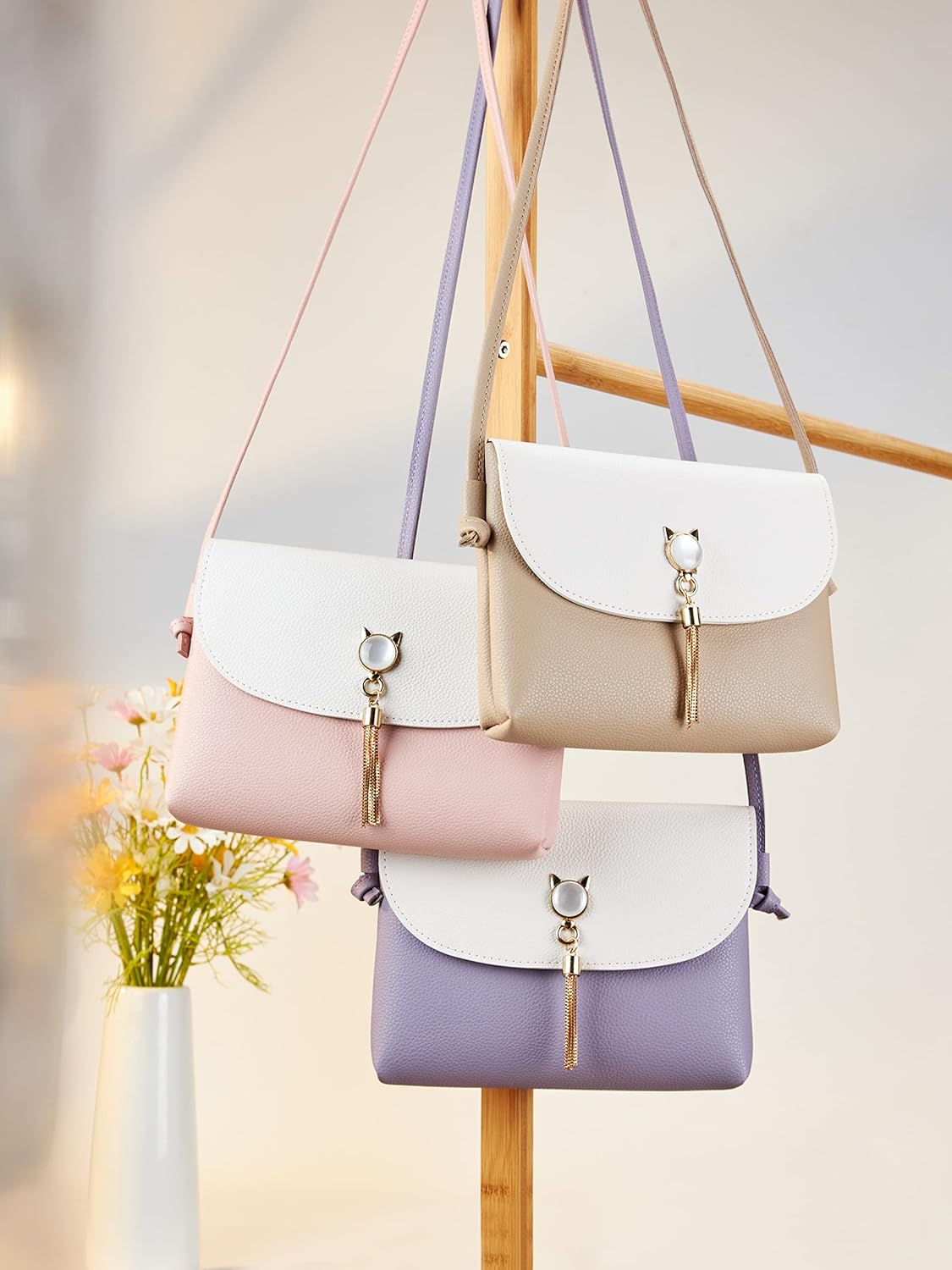 KALIDI Small Crossbody Shoulder Bag Purse with Cute Cat Shape Tassels PU Leather Cross Body Phone Handbags for Girls Ladies