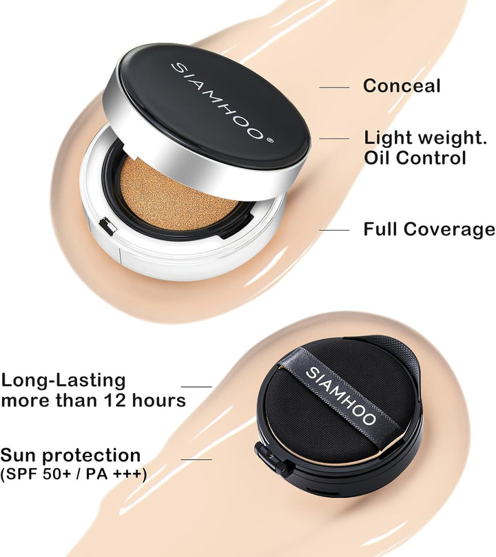 SIAMHOO Air Cushion CC Cream Foundation Full Coverage Makeup Sunscreen SPF50+ Lightweight Long-lasting Oil Control for All Skin Types, Refill Included, 15g*2 (Natural)
