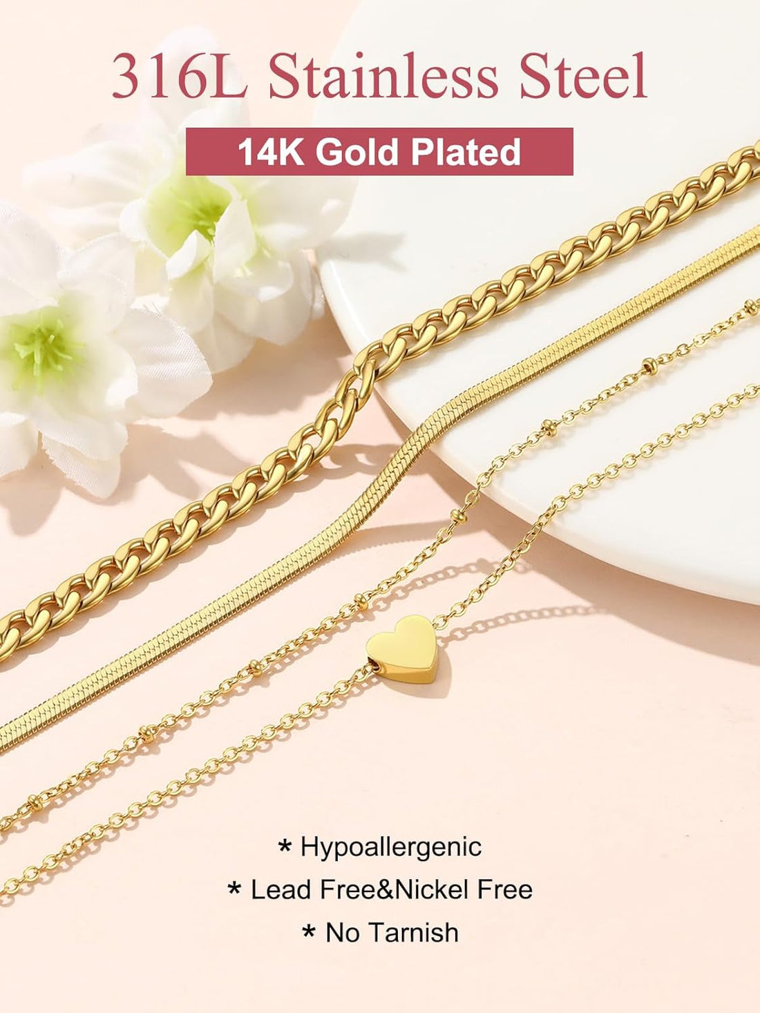 FOCALOOK Adjustable Layered Anklets for Women Summer Bracelets Waterproof Stainless Steel Ankle Bracelets Beach Foot Chains 8.5-10.5inch