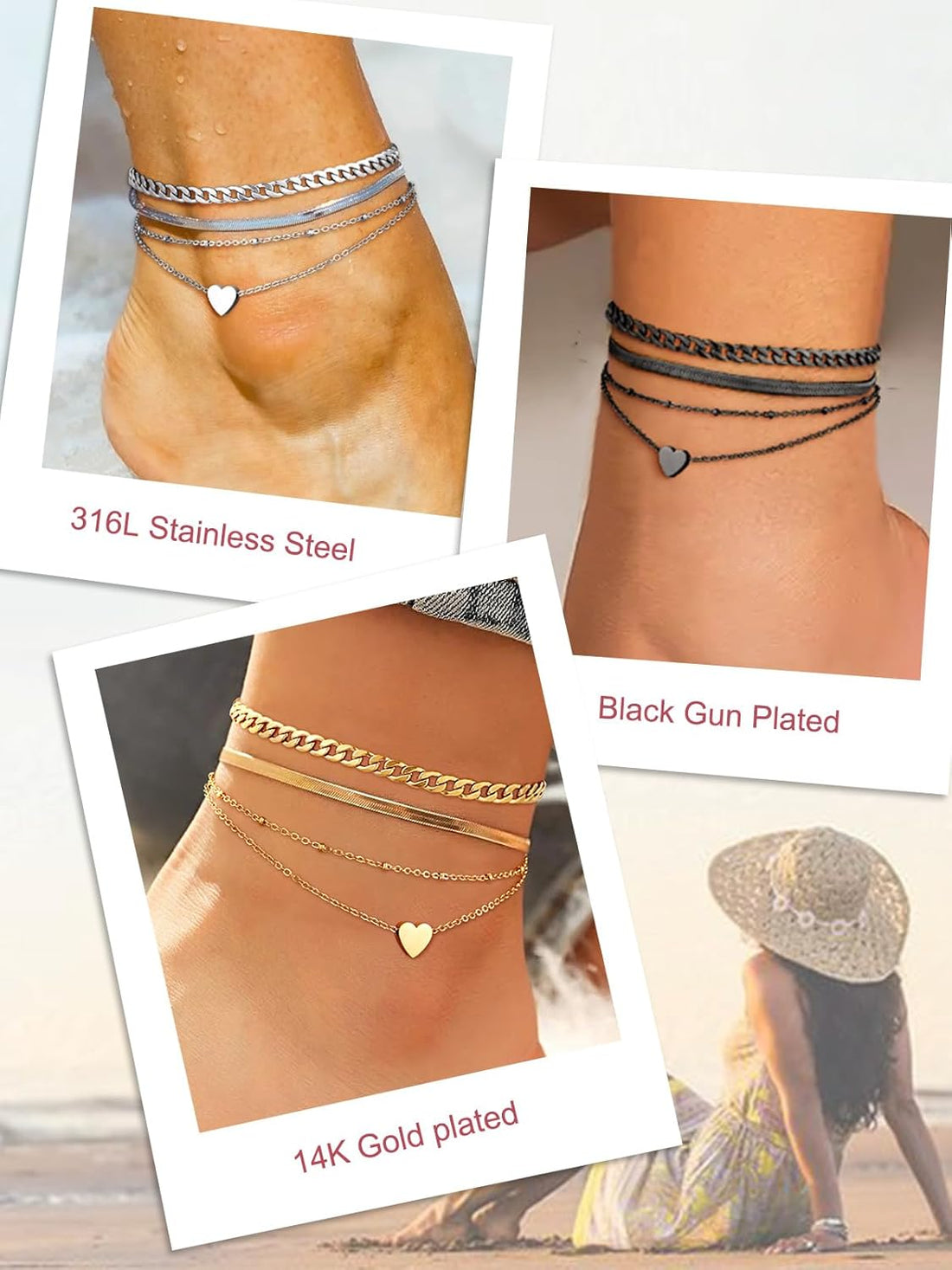 FOCALOOK Adjustable Layered Anklets for Women Summer Bracelets Waterproof Stainless Steel Ankle Bracelets Beach Foot Chains 8.5-10.5inch