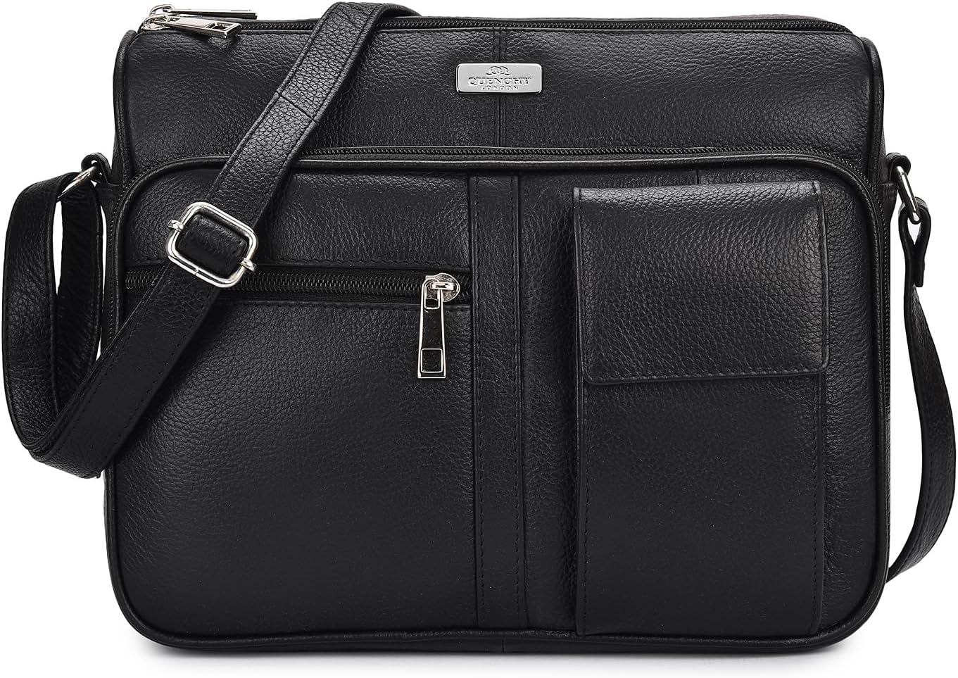 Quenchy London Ladies Real Leather Handbag - Cross Body Shoulder Hand Bag with 6 Pockets – Large Phone Holder – Single Adjustable Across Chest Strap - Designer Satchel Side Style - QL189M