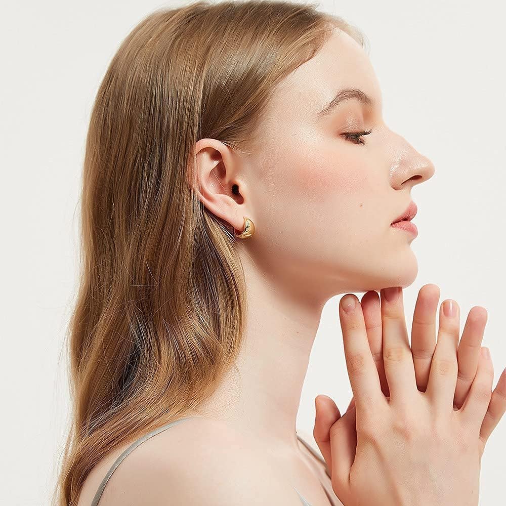 Small Chunky Hoop Earrings Thick 14K Gold Plated Huggie Earrings Dainty Cartilage Sleeper Earrings Tiny Hoop Earrings for Women