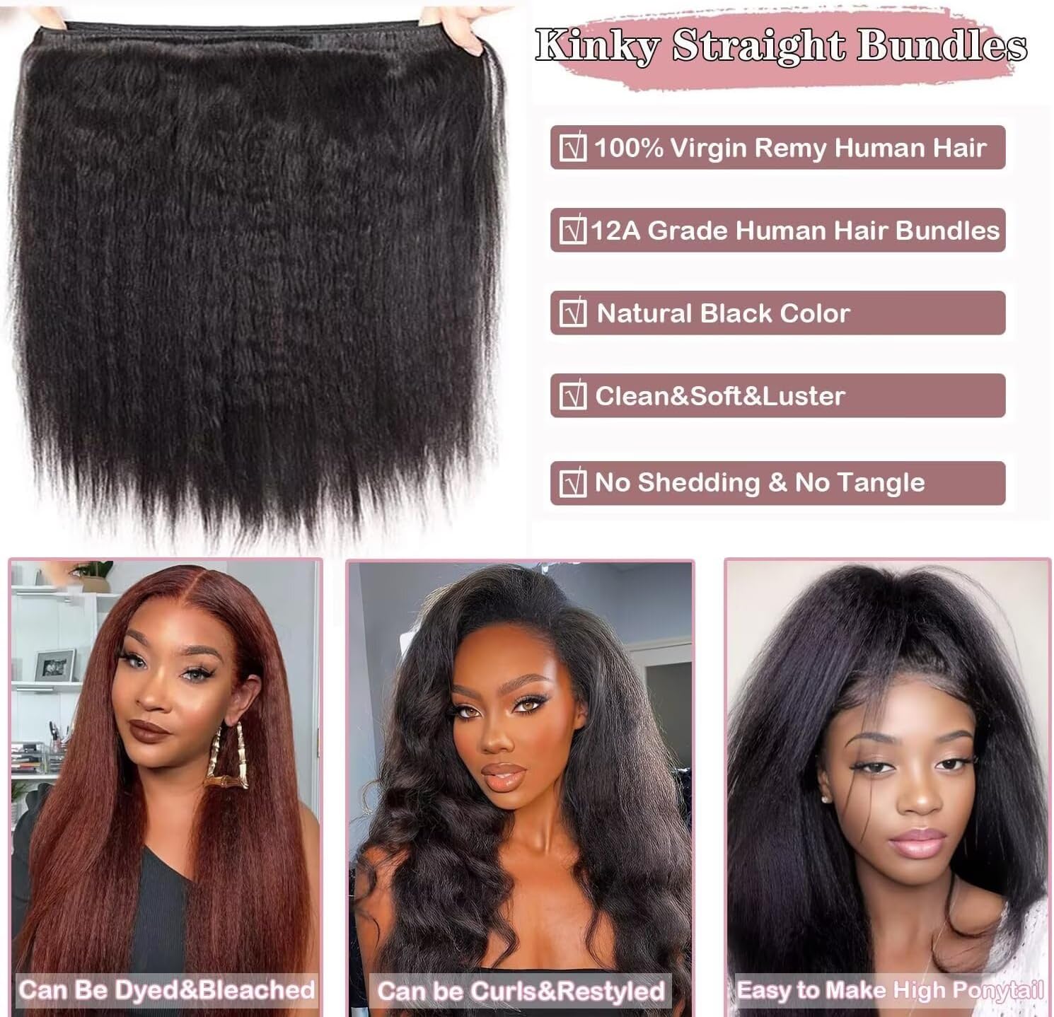 Ladiaryf Yaki Straight Bundles Human Hair Bundles 16 18 20 inch Kinky Straight Hair 3 Bundle 10A Brazilian Kinky Straight Human Hair Weave For Black Women Natural Color