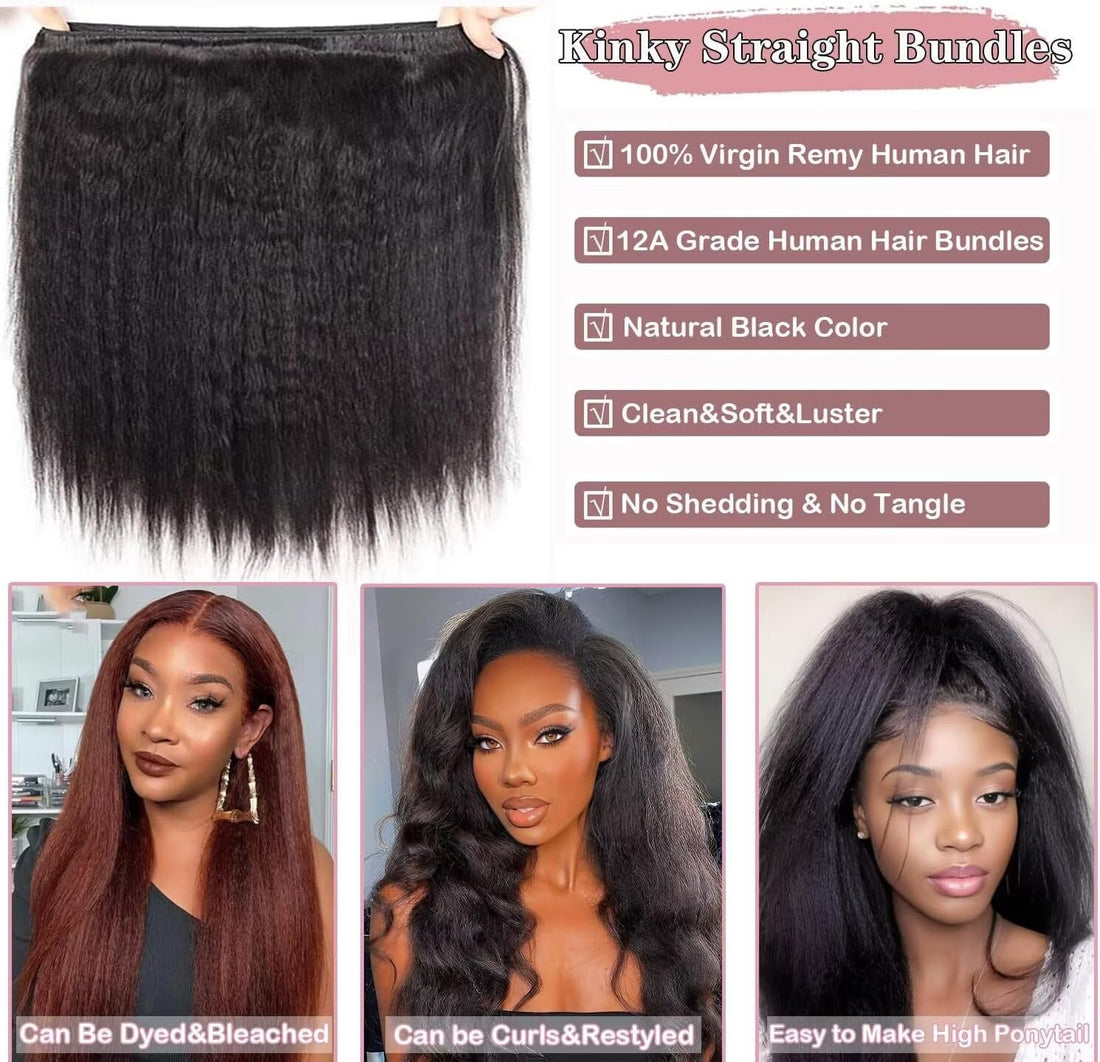 Ladiaryf Yaki Straight Bundles Human Hair Bundles 16 18 20 inch Kinky Straight Hair 3 Bundle 10A Brazilian Kinky Straight Human Hair Weave For Black Women Natural Color