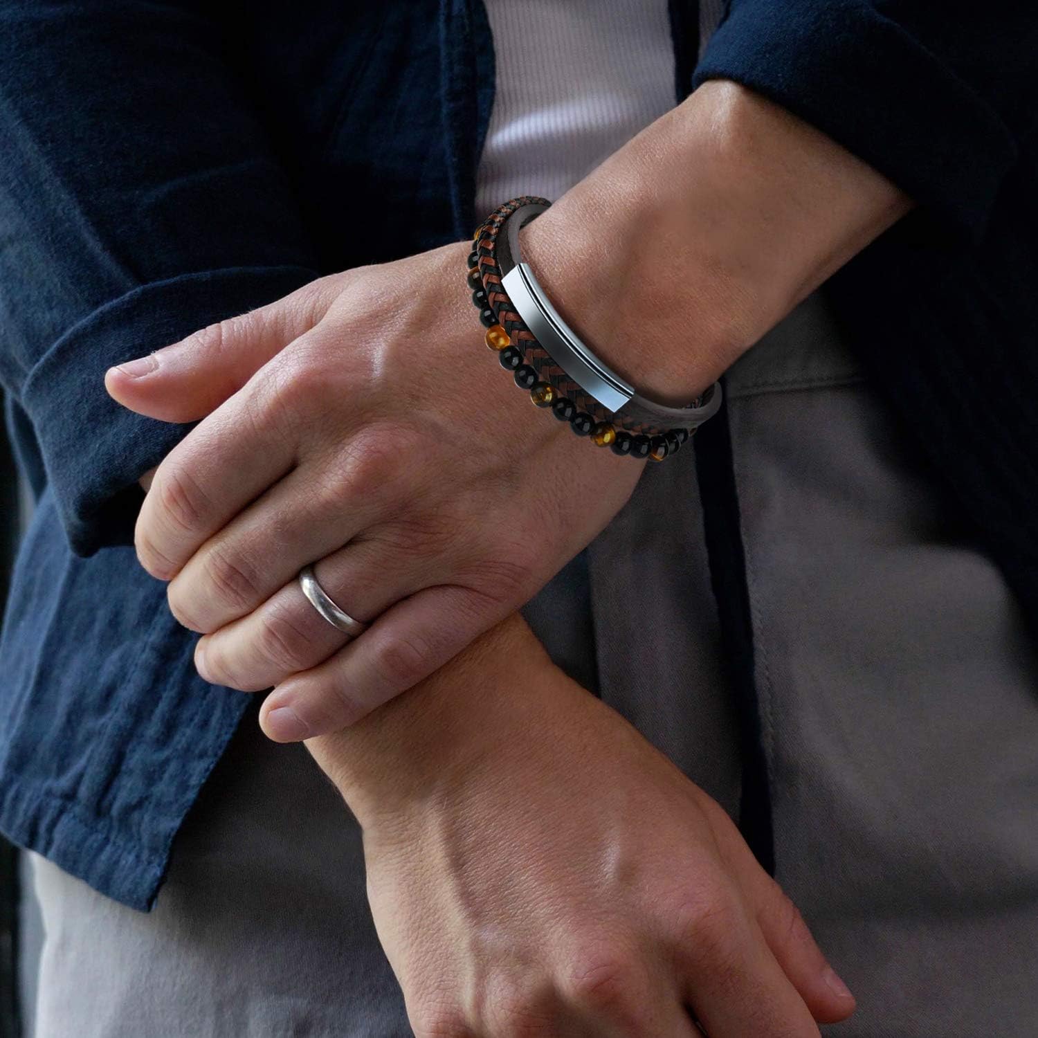 Mens Leather Bracelet – Classic Handmade Braided Black & Brown Cuff Bracelet with Engraved Magnetic Clasp Free Jewelry Gift Boxed