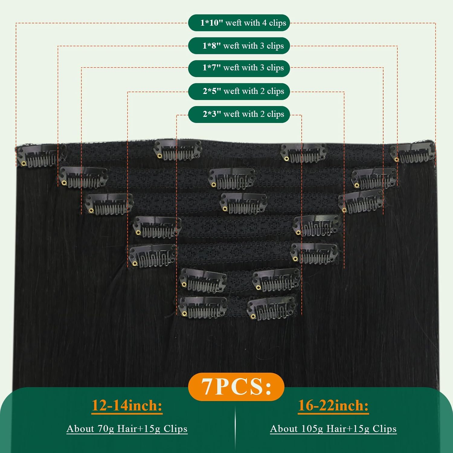 Easyouth Clip in Extensions Real Human Hair Black Clip ins Extensions Straight Jet Black Clip-in Real Hair Extension Double Weft for Daily Life 16 Inch 120g 7Pcs #1
