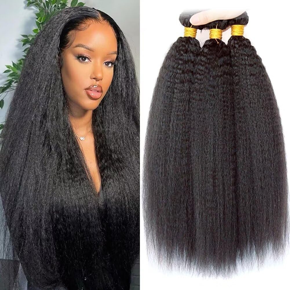 Ladiaryf Yaki Straight Bundles Human Hair Bundles 16 18 20 inch Kinky Straight Hair 3 Bundle 10A Brazilian Kinky Straight Human Hair Weave For Black Women Natural Color