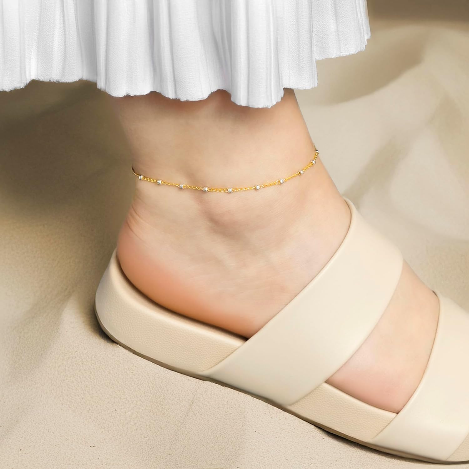 Amberta Italian Sterling Silver Anklet for Women 925 | Adjustable Ankle Bracelets for Women Beaded Heart Summer Jewellery