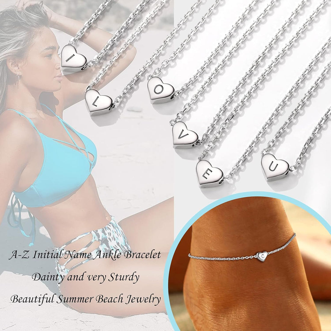 PROSILVER Women Initial Anklet Sterling Silver Heart Ankle Bracelet A-Z Letter, Adjustable Foot Chain for Beach Summer with Gift Box